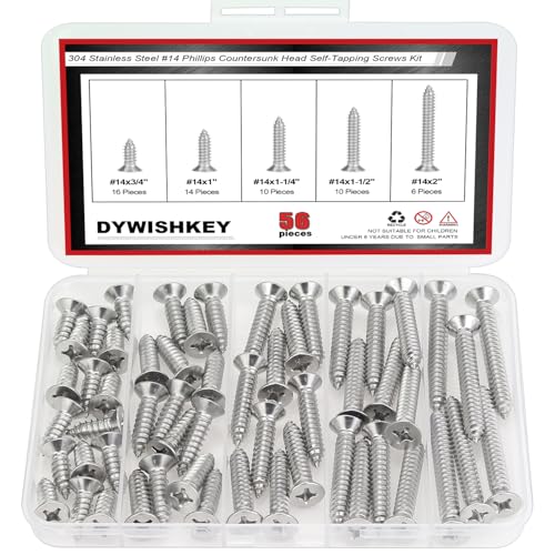 DYWISHKEY 56-Piece Wood Screws Assortment Kit - 14 Sizes, Assorted Wood Screws - size: #14