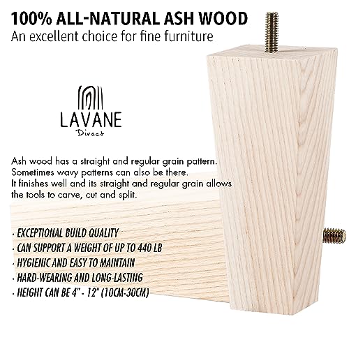 6 inch Unfinished Ash Wood Furniture Legs, LAVANE Set of 4 Mid-Century Modern Pyramid Wooden Replacement Feet with Pre-Drilled 5/16 Inch Bolt & Mounting Plate for Sofa Couch Bed Armchair Ottoman | Unfinished Ash Wood with Straight Grain, 400lb Load Capaci