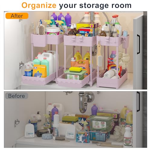 Sevenblue 3-Pack 2-Tier Under Sink Organizers with Sliding Drawers - color: Pink, size: 12.8 Inch