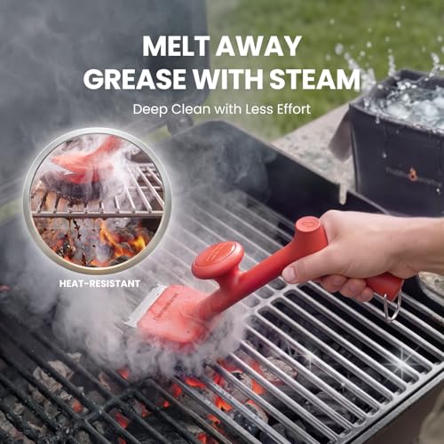 ThermoMaven Bristle-Free BBQ Grill Brush - No Wire Risk Steam Cleaner Removes Burnt Grease Fast - 17" Cool-Touch Handle, Scraper & 3 Replaceable Heads for Gas, Charcoal & Cast Iron - size: Red 3pcs-Small
