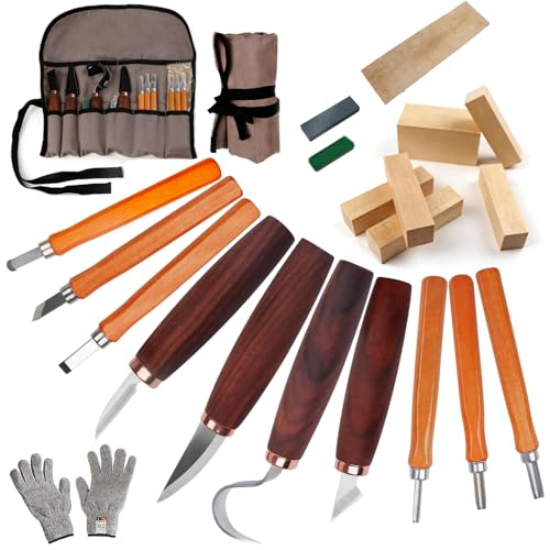 21-Piece Wood Carving Tools Kit - Complete Whittling Set with Detail Knives, Hook Knives, Sharpening Stone, Basswood Blocks & Cut Resistant Gloves for Beginner & Advanced Wood
