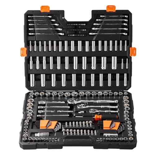 VEVOR Mechanics Tool Set, 205 Pcs SAE and Metric Sockets, 1/4" 3/8" 1/2" Drive Deep and Standard Sockets, Chrome Vanadium Steel, Polyethylene - size: 205-PCS