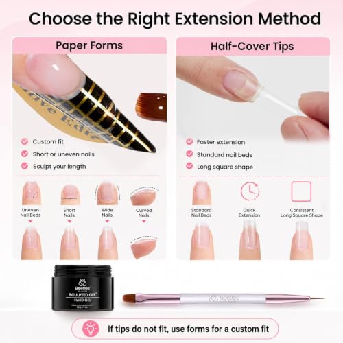 Beetles Hard Gel Nail Extension Kit, 3 Color Builder Gels & Half Cover Tips - color: Clear Nude Glitter Jelly Pink with Long Square Nail Tips 3 x 30 g