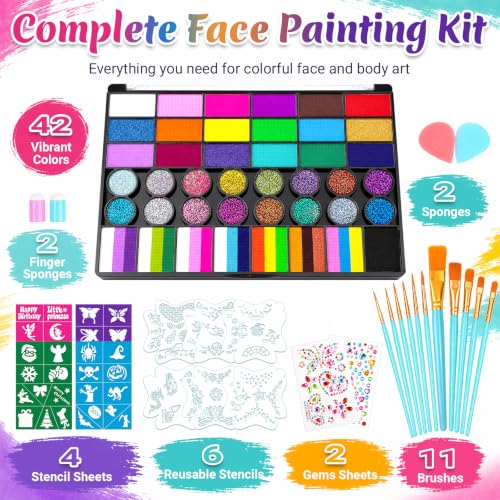 42-Color Face Paint Kit with Split Cake, Glitter & UV Face Paint