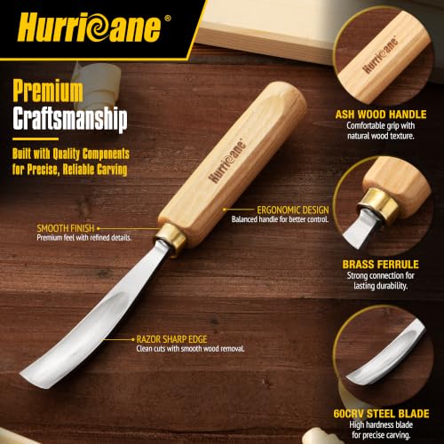 HURRICANE 12-Piece Starter Wood Carving Tools Set, Professional Wood Carving Kit with Razor Sharp 60CRV Steel Blades, Ash Wood Handles & Canvas Case for Beginners Professionals Specialties
