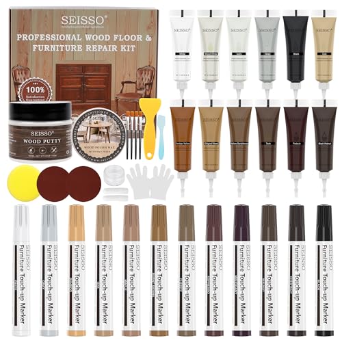 SEISSO Wood Furniture Repair Kit, Touch Up Markers Wood Fillers - size: 12Wood Fillters+12Markers+Wood Putty+Polish Wax
