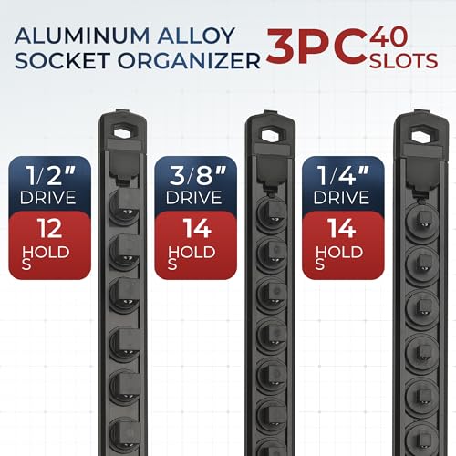 Reniteco Magnetic Socket Organizer Set, 3-Piece 1/2" 3/8" 1/4" Drive Aluminum Alloy Socket Holder with 40PC 360° Swivel Removable Clips, Magnetic Socket Rail for Tool Box Drawer, Black - color: Black, size: 3pc