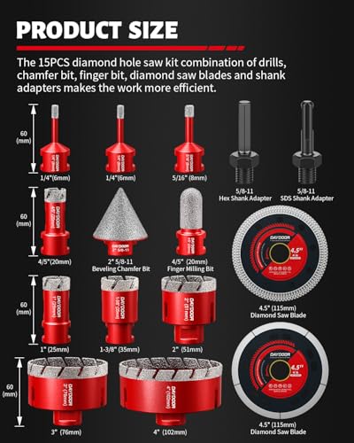 DAYDOOR Diamond Hole Saw Kit, 15-Piece Tile Hole Saw Kit Vacuum Brazed(Red) - color: Red, size: 1/4",5/16",4/5",1",1-3/8",2",3",4"