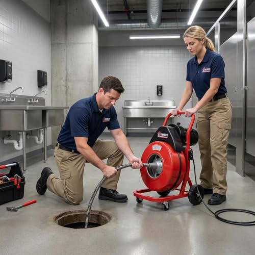 50ft x 1/2" Auto-Feed Drain Snake Cleaning Machine - 450W Electric Sewer Auger with 4 Cutters & Wheels for Sink, Toilet, Floor Drain
