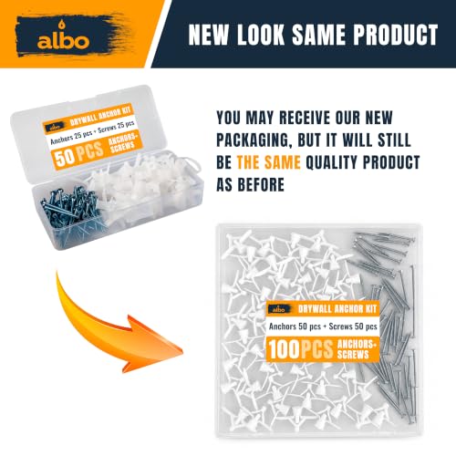 ALBO Drywall Anchor Kit Hollow Wall with Screws 100 pcs. (White Anchor 50pcs + Screws 50pcs) Plastic Hollow Wall Drilling Anchors - color: White 50pcs