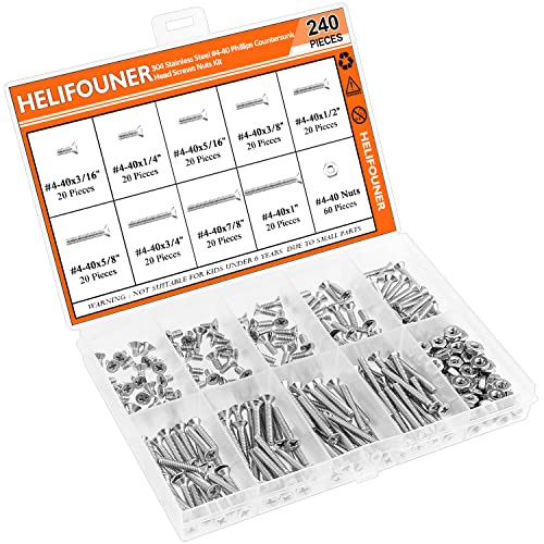 HELIFOUNER 240 Pieces #4-40 Phillips Countersunk Head Machine Screws Nuts Assortment Kit, Coarse Thread, Fully Machine Threaded, 304 Stainless Steel - size: #4-40