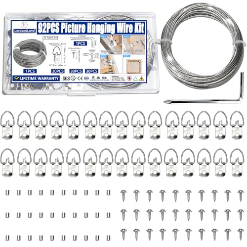 92PCS Picture Hanging Kit - 30 Feet Braided Hanging Wire, 30Pcs D Ring Picture Hangers with Screws and 30Pcs Aluminum Crimping Loop Sleeve for Canvas Paintings, Photo Frames