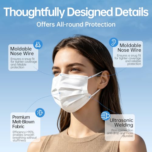 Disposable Face Masks 50Pcs, 3-Ply White Protection Masks, Breathable Mask For Adults Daily Use - color: White