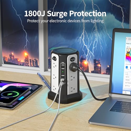PASSUS Surge Protector Power Strip Tower 10FT with PD18W USB C Port - style: Black White-4A1C