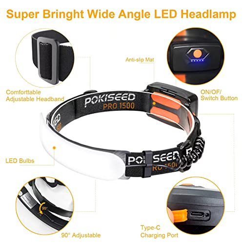 LED Headlamp Rechargeable, Super Bright 1500 Lumens 230° Wide Beam Headlamp, 3 Modes IPX6 Waterproof Lightweight Head Light with Taillight & Clips for Camping, Running,Fishing, Outdoors, Hard Hat Work