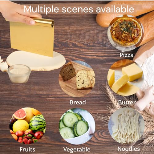 2 Pack Stainless Steel Dough Scraper with Measuring Scale,Bench Scraper & Cutter, Multipurpose Pizza/Pastry/Cake/Pastry/Bread Food Cutter, Kitchen Baking tools Essential Utensil (Silver & Gold)