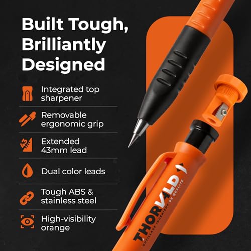 THORVALD 2 Carpenter Pencils Set for Construction - Incl. 38 Leads + Sharpener + Finger Grip - Solid Mechanical Pencils with Fine Point/Best Marking tools Construction/Carpenters/Scriber
