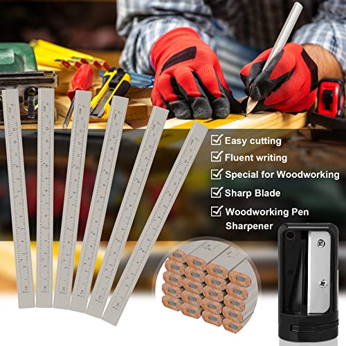 Honoson 200 Pcs Flat Construction Pencils with Printed Ruler Wood Graphite 2 Pcs Carpenter Pencil Sharpener for Woodworking Marking Tool(White) - color: White