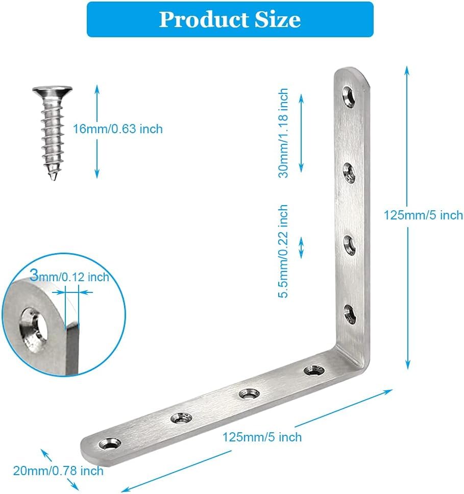 4 Pack Flat Mending Plate for Wood, Stainless Steel Straight Brackets Flat Repair Fixing Wood Brace Joining Plates Connector with Fixing Screws (8, L-Shaped Bracket 5 * 5in) - size: L-Shaped Bracket 5*5 in