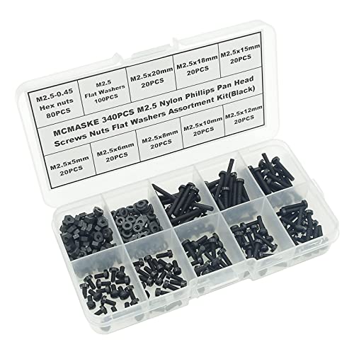 Metric M2.5 Phillips Pan Head Nylon Screws Nut Washer Assortment Kit,Screws Length:5mm to 20mm(Black) - size: M2.5