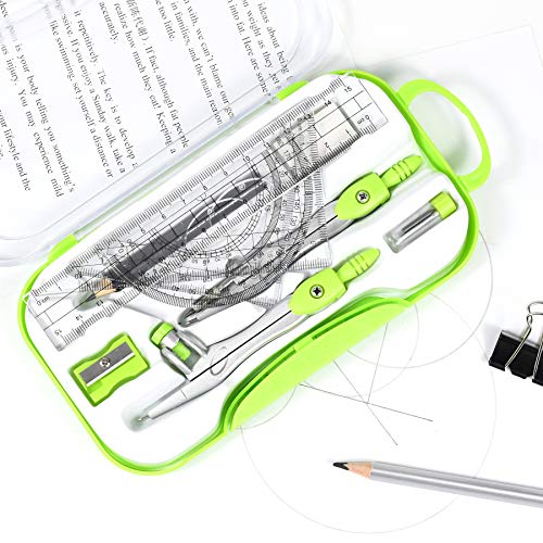 Unjoo Geometry Set 10 Pcs Student Supplies, Protractor and Compass (Green） - color: Green