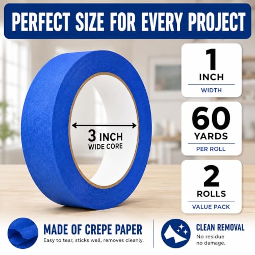 Blue Painters Tape 1 Inch Wide, 2 Rolls x 60 Yds Blue Masking Tape - size: 2 Rolls Blue Painters Tape 1 Inch x 60 Yards Each