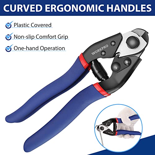 WORKPRO Cable Cutter, 7-1/2 Inch Heavy Duty Wire Rope Cutter | Chrome Vanadium Steel, Safety Lock, Non-Slip Handle for Hard Wire Ropes, Steel Wires and Aircraft Cables