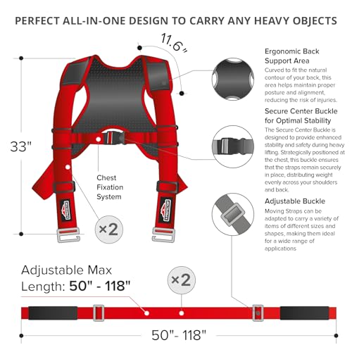X-Protector Moving Straps - 2 Pairs - Red Lifting Straps for 2 Movers | Move Furniture Easily and Safely - Perfect for Lifting & Moving Heavy Objects (Adjustable Length 50-118”, with Back Support)