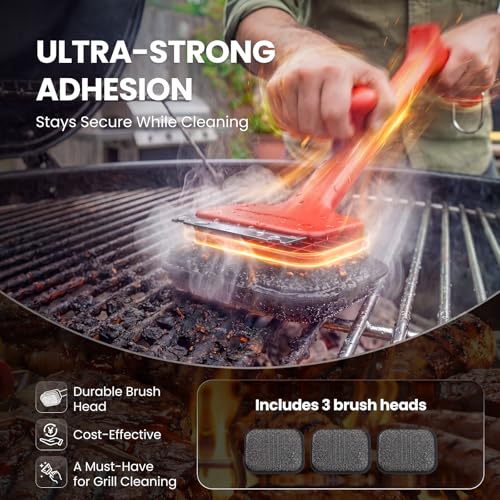 ThermoMaven Bristle-Free BBQ Grill Brush - No Wire Risk Steam Cleaner Removes Burnt Grease Fast - 17" Cool-Touch Handle, Scraper & 3 Replaceable Heads for Gas, Charcoal & Cast Iron - size: Red 3pcs-Small