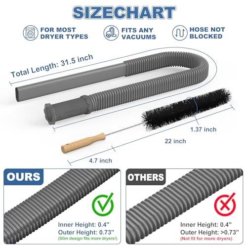 2Pcs Dryer Vent Cleaner Kit, Lint Brush & Universal Vacuum Hose Deep Gray | Upgraded Flexible Hose Design for Smooth Airflow Without Whistling Noise - color: Deep Gray