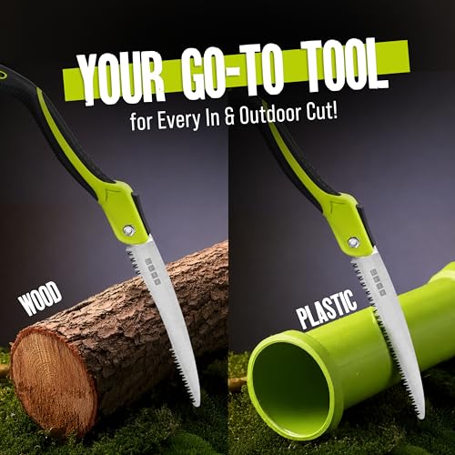 Folding Camping saw 11 Inch - Heavy Duty Pruning Saw with Triple-Cut SK5 Blade, 7 TPI Razor Teeth for Tree Trimming, Wood Cutting, Camping, Bushcraft, and Gardening - size: 11 INCH (Lime Green)