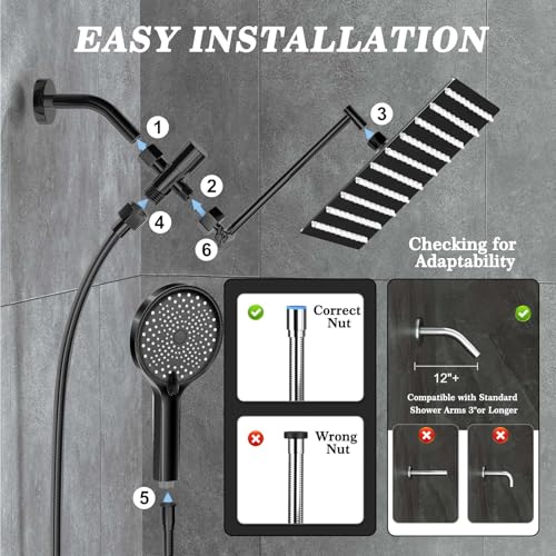 12 Inch Shower Head, Rain Shower Head with Adustable Extension Arm, Detachable Matte Black Rina Shower Head with Handheld Spray, High Pressure Shower Hose with Holder in Bathroom(Black) - color: Black, size: 12 Inch