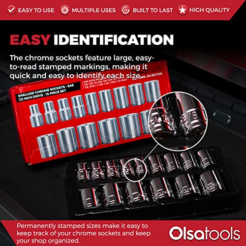 Olsa Tools 1/2-Inch Drive SAE Deep Socket Set - 18pc - color: Sae Shallow, size: 15pc, 1/2-Inch Drive