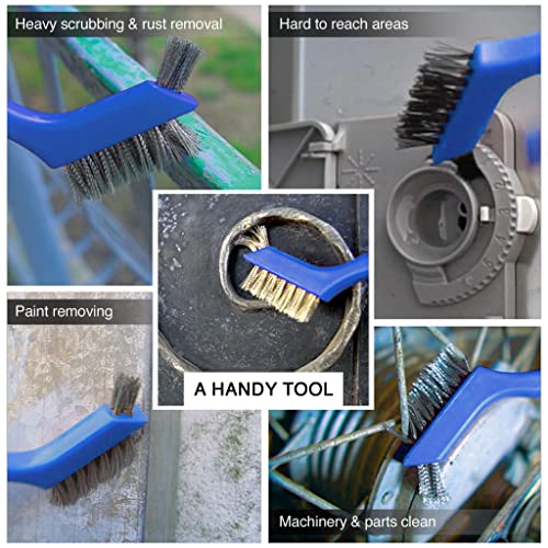 Lavaxon Wire Brush Set 3Pcs - Nylon/Brass/Stainless Steel Bristles with Curved Handle Grip for Rust, Dirt & Paint Scrubbing with Deep Cleaning – 7 Inches (Blue) - color: Blue
