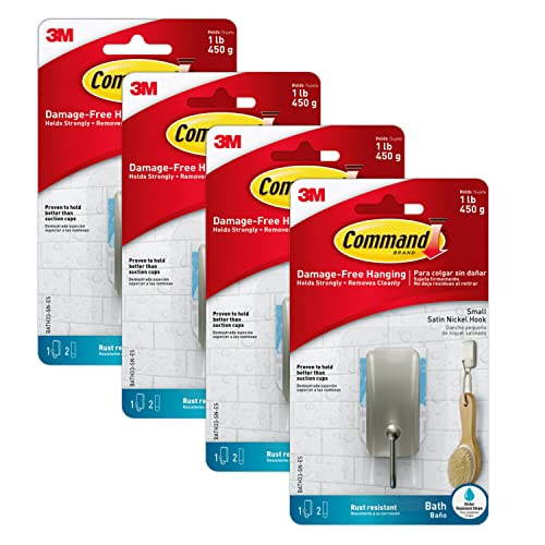 Command BATH33-SN-ES Bath Hooks, Satin Nickel, 4 Count - color: Satin Nickel, size: Small (4 Count)