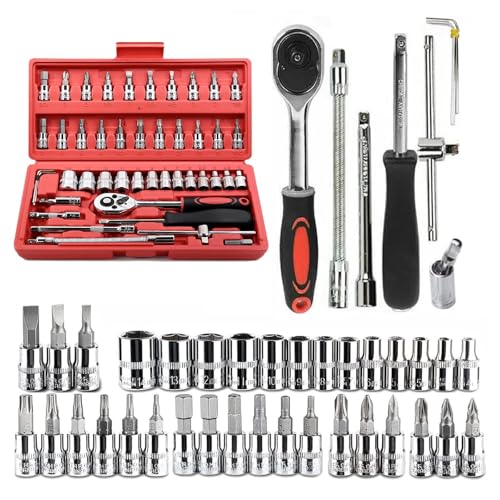Jinora 46 Pcs 1/4 inch Drive Socket Ratchet Wrench Set with Bit Socket Set Metric and Extension Bar for Auto Repairing and Household
