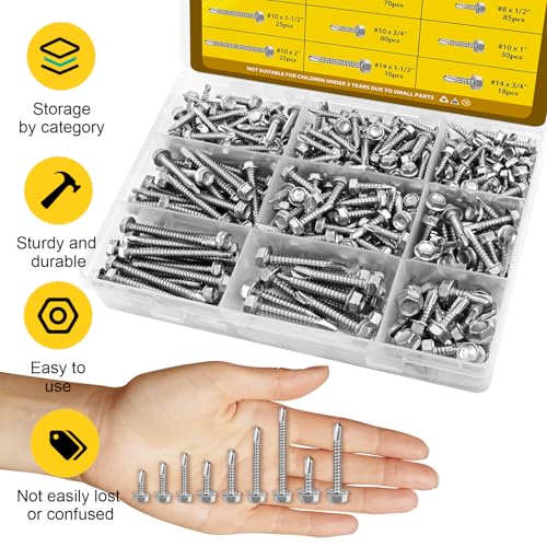 390Pcs #8#10#14 Self Tapping Screws Assortment Kit, 410 Stainless Steel Self Drilling Screws Set, Hex Washer Head Sheet Metal Screw Silver, Length 1/2" 3/4" 1" 1-1/2" 2" - size: 390pcs #8#10#14 Silver