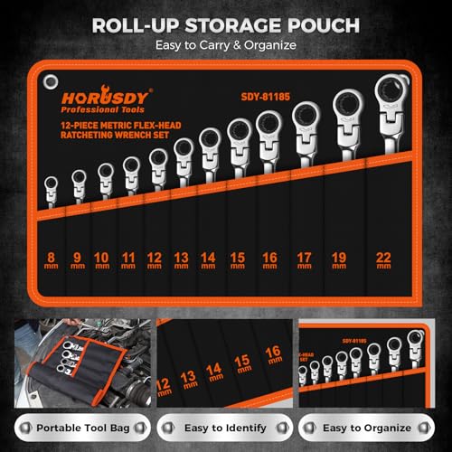 HORUSDY 12-Piece Metric Flex-Head Ratcheting Wrench Set 8-22mm, CR-V Ratchet Combination Wrenches with 72T 180° Flex Head, Magnetic Holder & Tool Bag for Auto, Motorcycle, Home & Repair - style: 12-Piece Metric Flex-Head Ratcheting - New Version