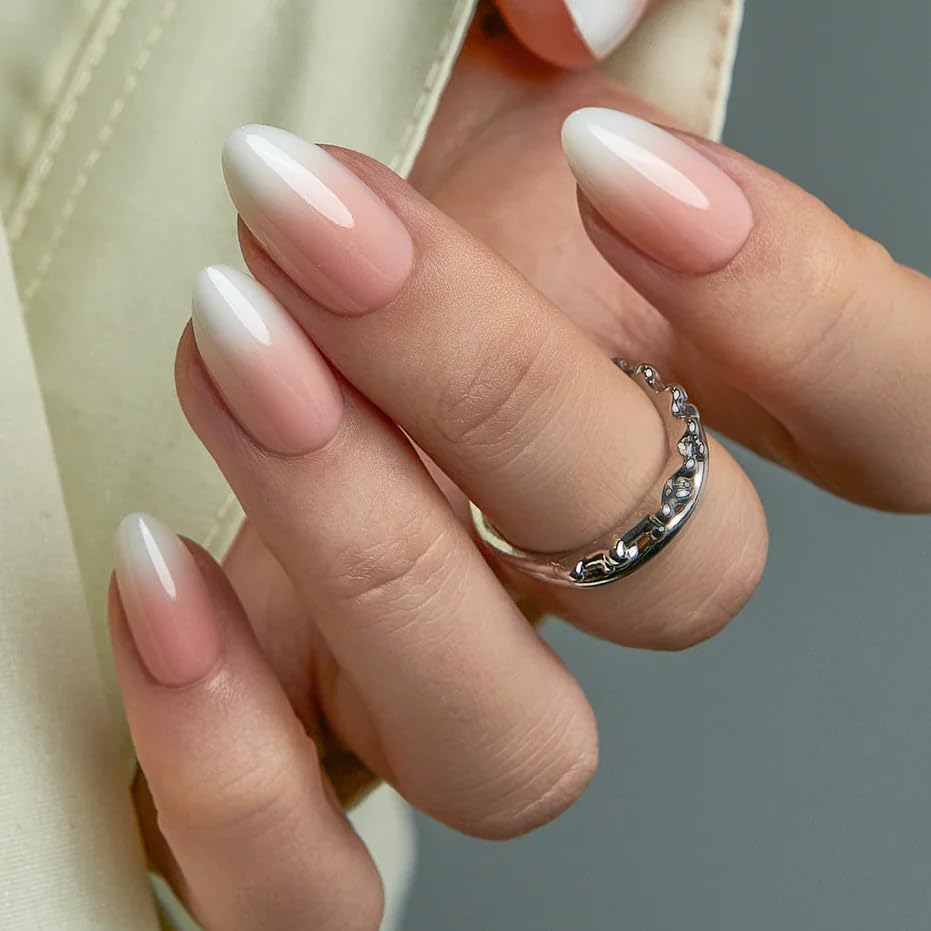 CurvLife Medium Almond Press On Nails, Pink White Ombre, Soft Gel - color: Pink-white gradient