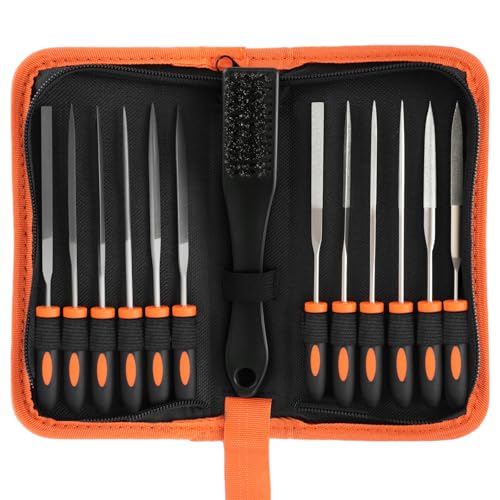 KUZURYU 14PCS Needle File Set - Small Diamond Files with 6 Jeweler's Files & 6 Steel Files （150mm）for DIY, Jewelry, Plastic, Wood & Metal Crafting – with Storage Bag & Steel Brush - size: Needle File-14PCS