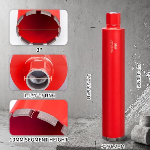 SALI 3 Inch Wet Diamond Core Drill Bit, for Reinforced Concrete, Brick, Block, Stone, 15" Drilling Depth,Core Drill Bit， 1-1/4"-7 Thread - size: 3 Inch