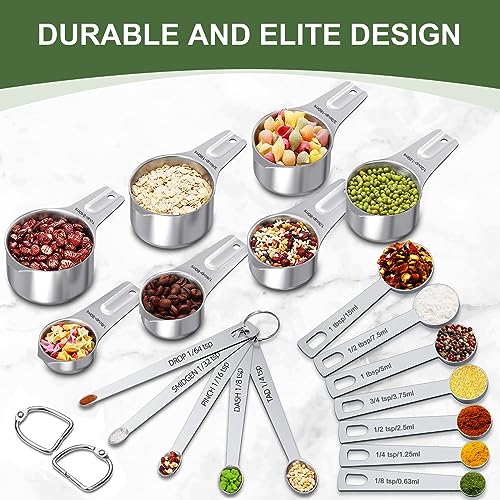 EWFEN Measuring Cups and Spoons Set, 7 Stainless Steel Nesting Measuring Cups & 7 Spoons, 5 Mini Measuring Spoons & 2 Detachable Rings, Kitchen Gadgets for Cooking & Baking, Round - color: Round Spoons
