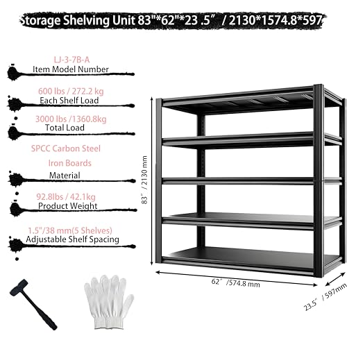 5-Tier Heavy Duty Garage Shelving, 3,000 lbs Capacity Adjustable Metal Storage Shelving Unit for Garage, Basement, Warehouse and Workshop, 62" W x 23.5" D x 72" H - size: 5T 62"W x 24"D x 72"H