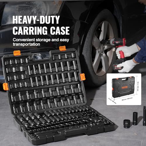 VEVOR Impact Socket Set 130 Piece 3/8" & 1/2" - SAE & Metric Drive Socket Set - 6 Point Cr-Mo Alloy Steel for Auto Repair - Easy-to-Read Size Markings - Includes Storage Case - size: 1/2" 3/8" 130 PCS