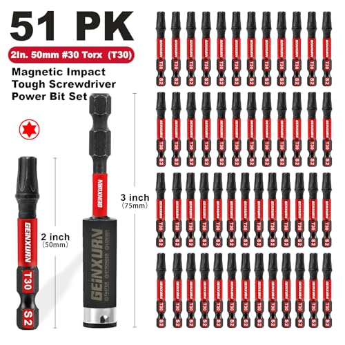 Geinxurn 51 Pieces T30 Impact Tough Magnetic Screwdriver Bit Set, 1 In. #30 Torx Head Power Bit Set, S2 Alloy Steel T30 Star Bit with 1Pcs Impact Bit Holder - size: 2"-51PCS, style: T30
