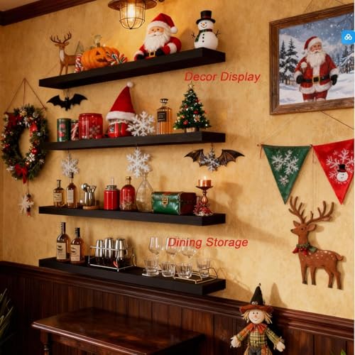 ROGMARS Black Floating Shelves for Wall 36 inch Rustic Solid Wood - color: Black, size: 36 Inch set of 4
