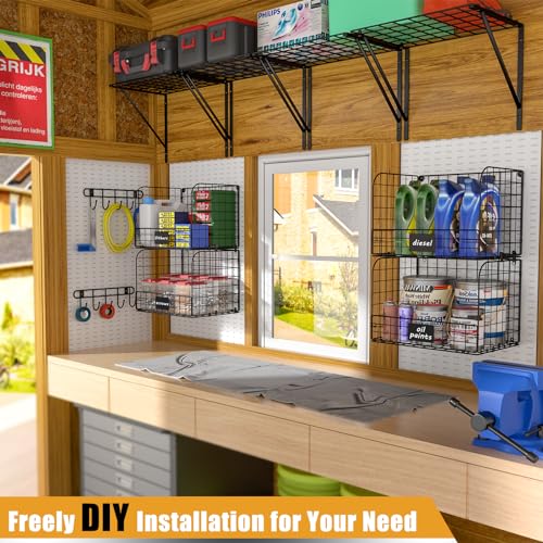 ThreeHio 2 Pack Garage Shelves Wall Mounted with Wire Baskets, Heavy Duty Garage Wall Shelving with Hooks, Wire Shelf Baskets Tool Organizer for Home Garden Garage Organization and Storage