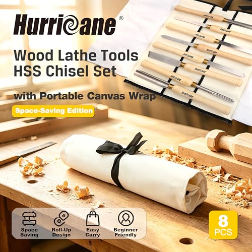 HURRICANE 8pc Wood Lathe Chisel Set, M2 HSS Wood Turning Tools with 10" Solid Hardwood Handles, Lathe Tool Kit for Beginners and DIY Hobbyists, Includes Protective Canvas Pouch - size: 8 pc with Canvas Pouch