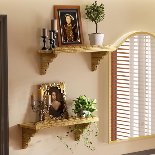 QsQueen Scalloped Wood Wall Shelf – 17 Inch Floating Shelf with Wood Brackets, Easy to Install Rustic Wall Shelf for Living Room, Bedroom, Bathroom, or Any Space - Light Brown - color: Light Brown