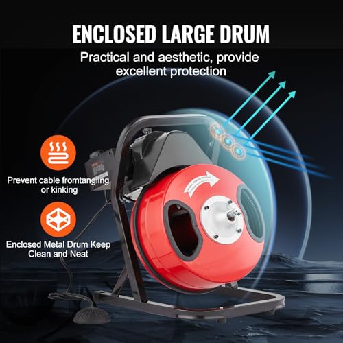 VEVOR Drain Cleaner Machine 50FT x 1/2 Inch, Manual Feed Sewer Snake Auger - with 4 Cutters & Air-activated Foot Switch for 2" to 4" Pipes - style: 50 FT x 1/2''